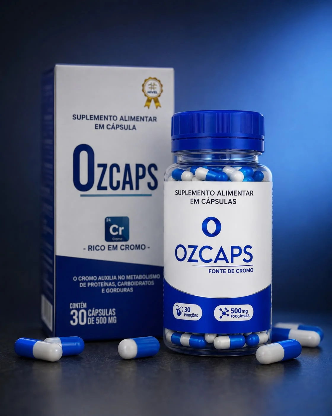 Frasco de OzCaps com 30 cápsulas ao lado da embalagem