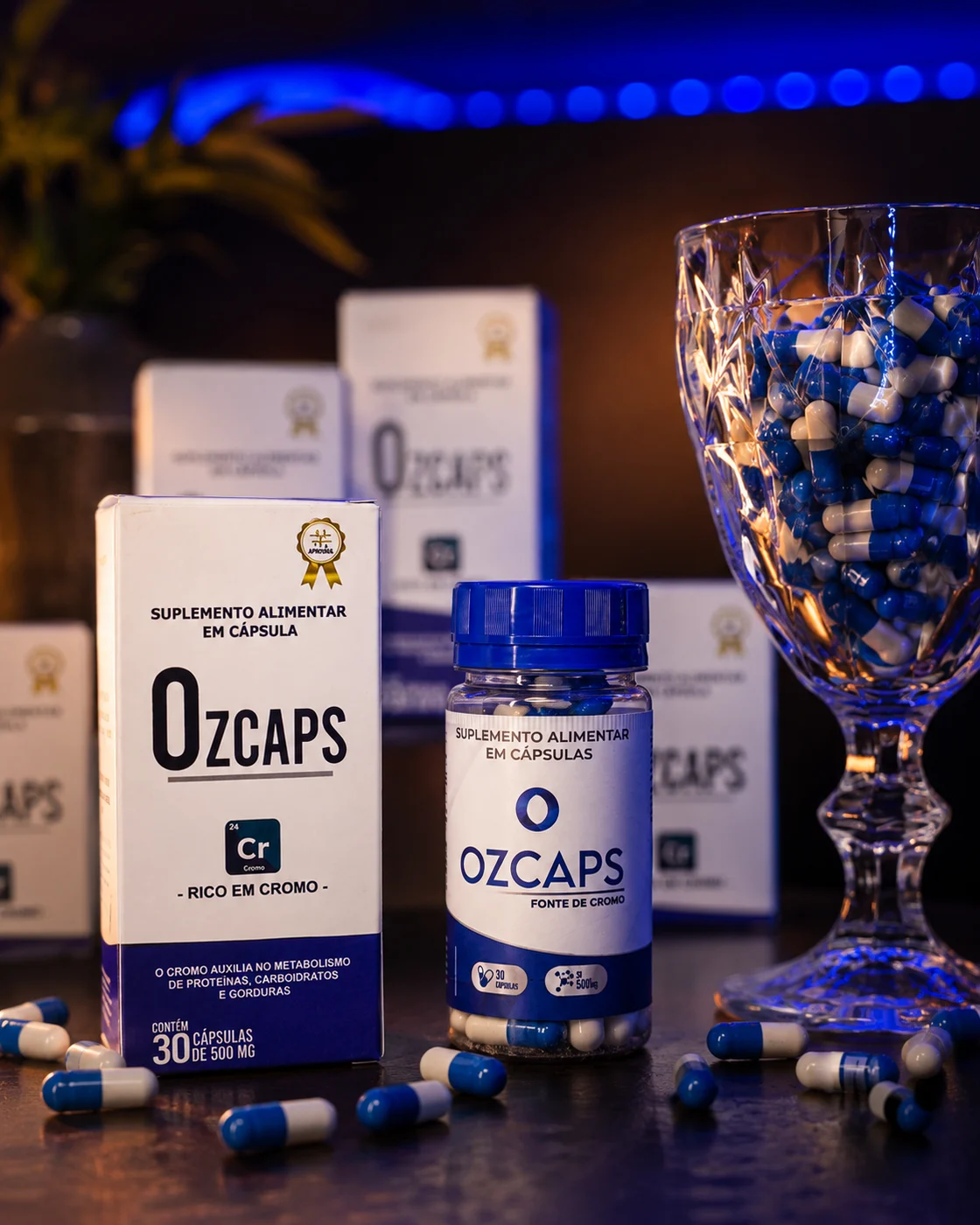 Frasco e caixa do suplemento OzCaps rico em cromo