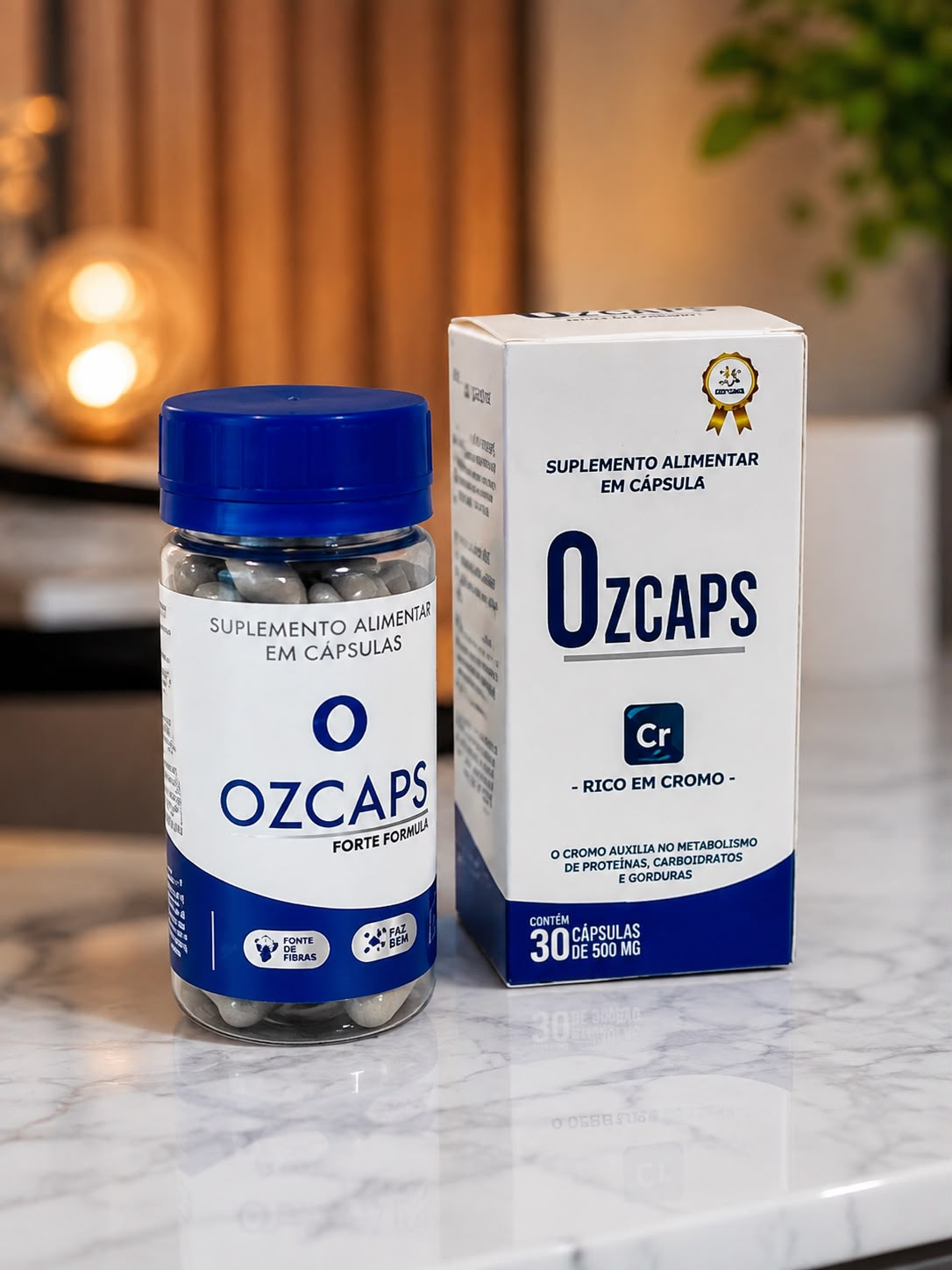 Frasco e caixa do suplemento OzCaps rico em cromo